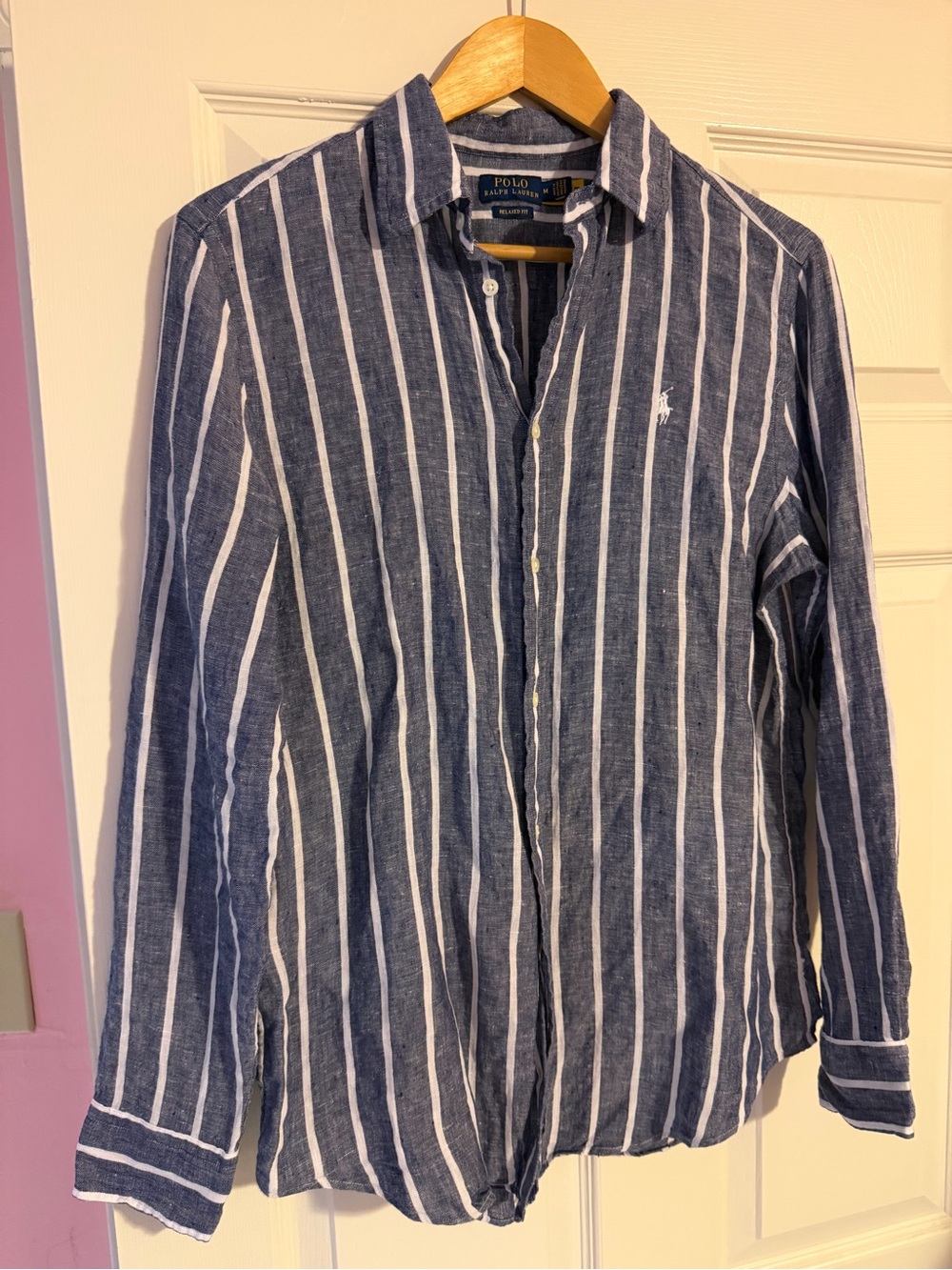 Polo Ralph Lauren Navy and White Vertical Stripe Linen Shirt